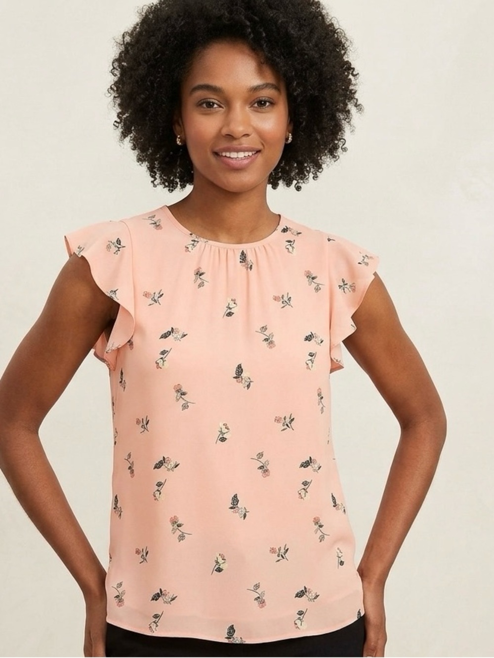 LOFT Peach Pink Rose Floral Print Flutter Sleeve Keyhole Tie Back Blouse Top M
